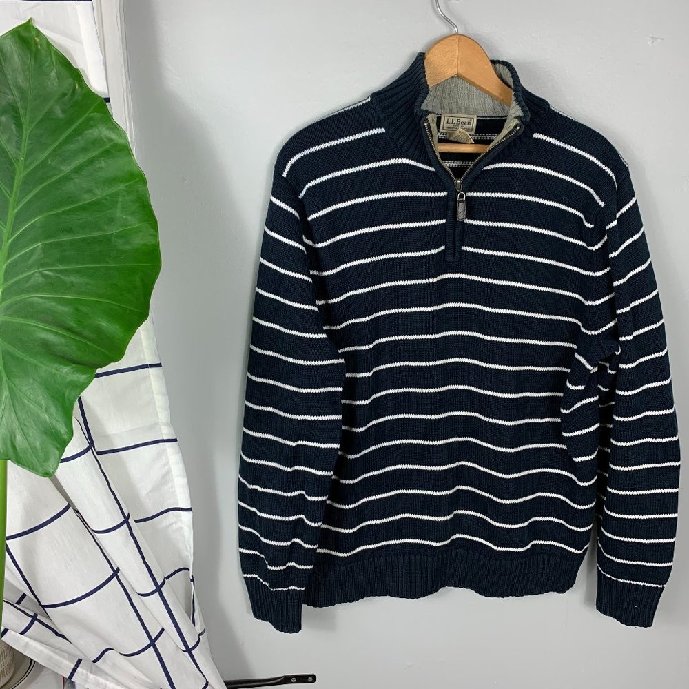L.L.Bean Striped Zip Up Sweater Long Sleeve Blue M